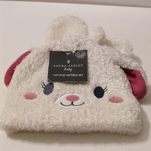 Laura Ashley Fuzzy White and Pink Bunny Hat and Mittens
